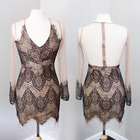 Luxxel Dresses & Skirts - Black and Tan/Taupe Lace Mesh Dress